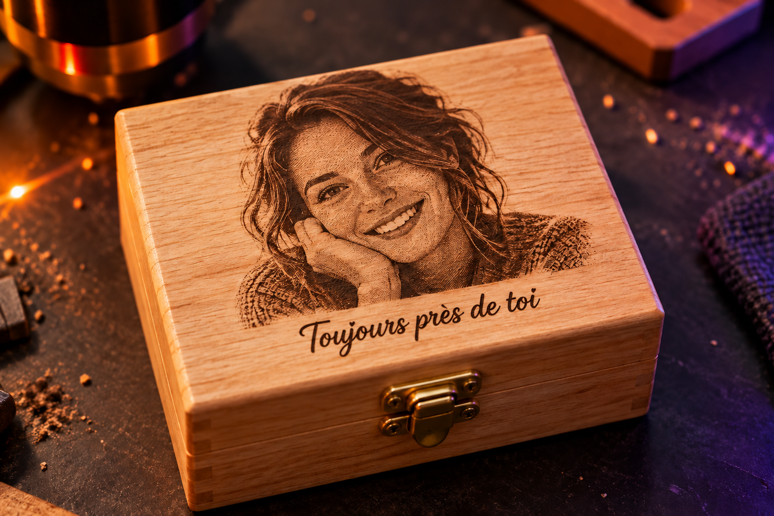 Exemple illustratif de portrait et message personnalisés sur un coffret en bois